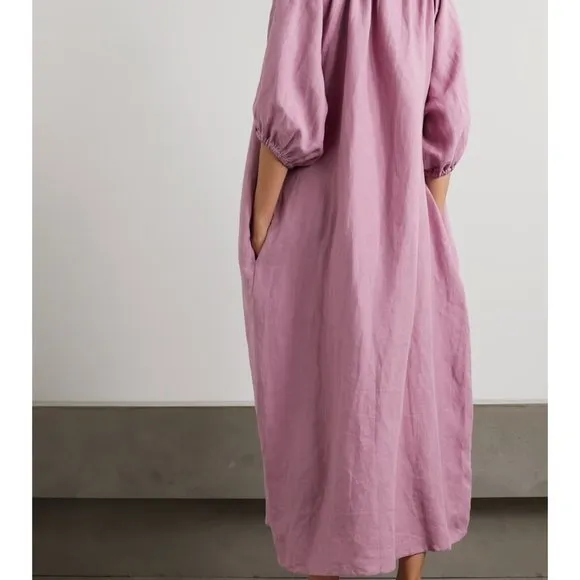 Deiji Studios The Blousy gathered washed-linen Midi Dress | NWT | M/L | Pink