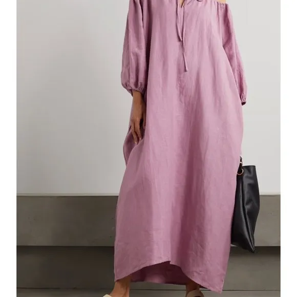 Deiji Studios The Blousy gathered washed-linen Midi Dress | NWT | M/L | Pink