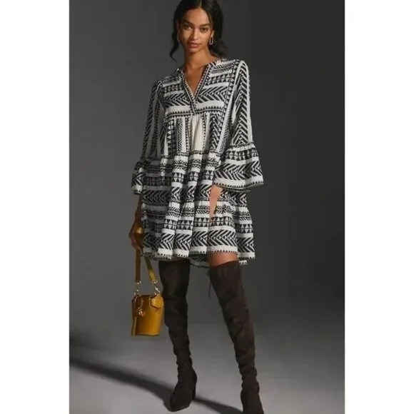 Devotion Twins Embroidered Ella Tunic Dress Size XS Off White Black NEW