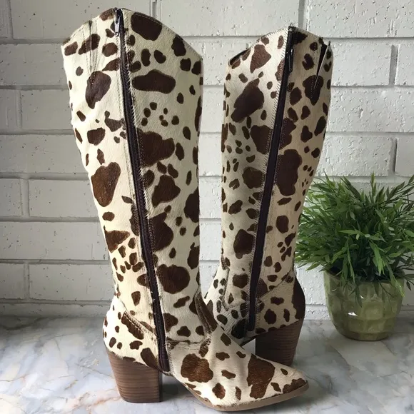 Diba True Knee High Pony Hair Western Boots White Brown Zip Size 8 New 2