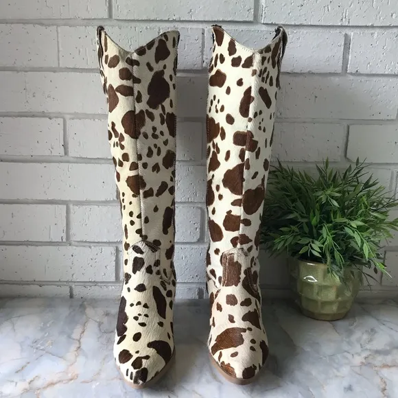 Diba True Knee High Pony Hair Western Boots White Brown Zip Size 8 New 2