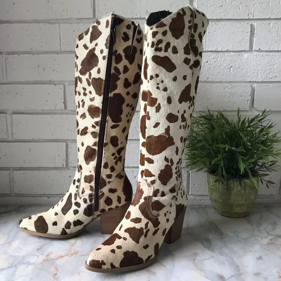 Diba True Knee High Pony Hair Western Boots White Brown Zip Size 8 New 2