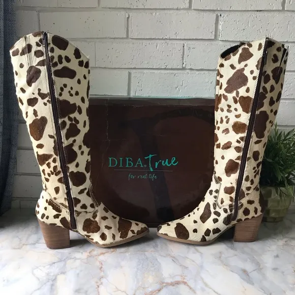 Diba True Knee High Pony Hair Western Boots White Brown Zip Size 8 New 2