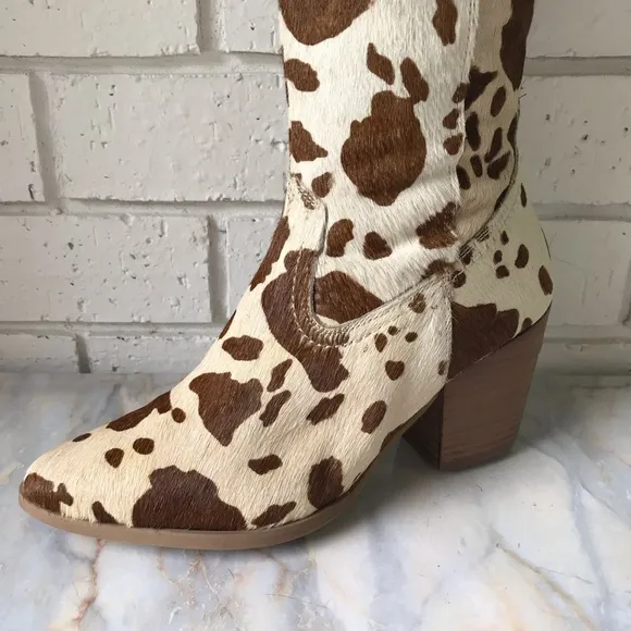 Diba True Knee High Pony Hair Western Boots White Brown Zip Size 8 New 2