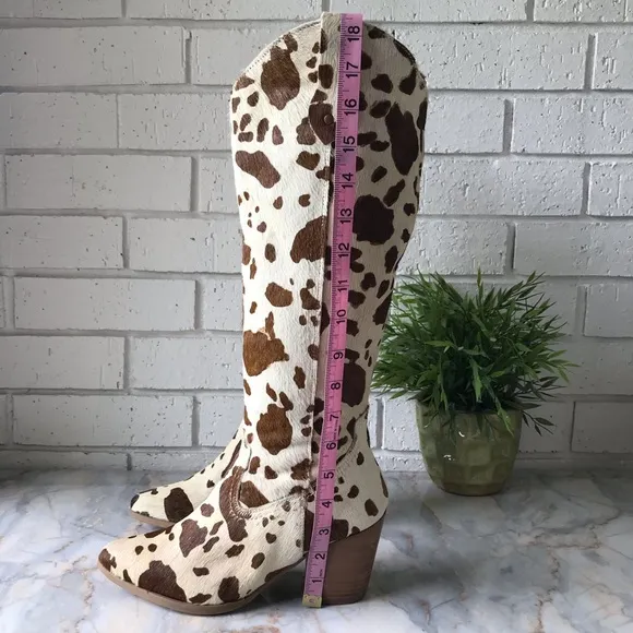 Diba True Knee High Pony Hair Western Boots White Brown Zip Size 8 New 2