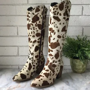 Diba True Knee High Pony Hair Western Boots White Brown Zip Size 8 New 2