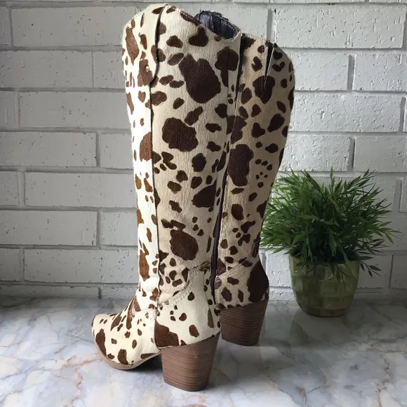 Diba True Knee High Pony Hair Western Boots White Brown Zip Size 8 New 2