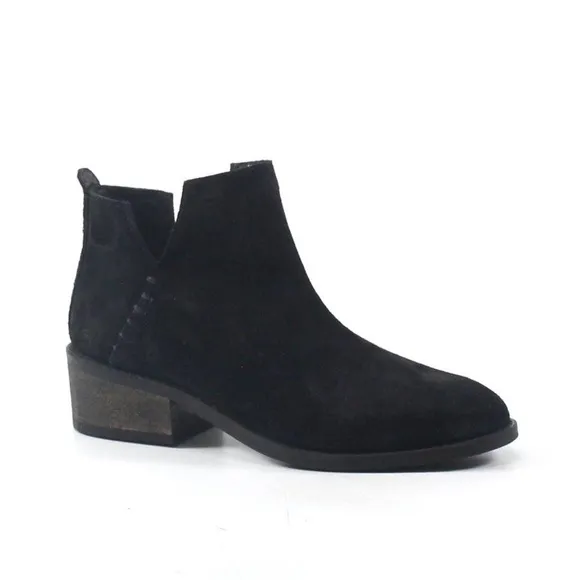 Diba True Vio Lyn black suede leather block heel almond toe ankle boots booties