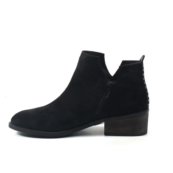 Diba True Vio Lyn black suede leather block heel almond toe ankle boots booties