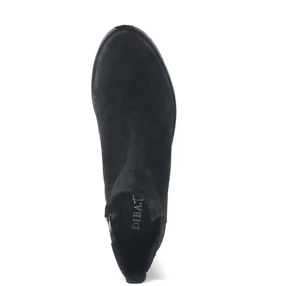Diba True Vio Lyn black suede leather block heel almond toe ankle boots booties