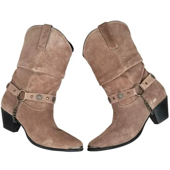 Dingo Women 9 Western Boots Olivia Slouch Suede Beige Cowgirl Removable Harness