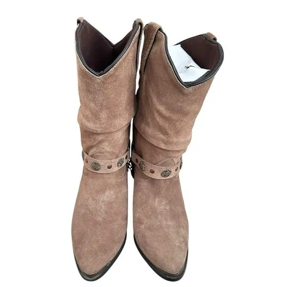 Dingo Women 9 Western Boots Olivia Slouch Suede Beige Cowgirl Removable Harness