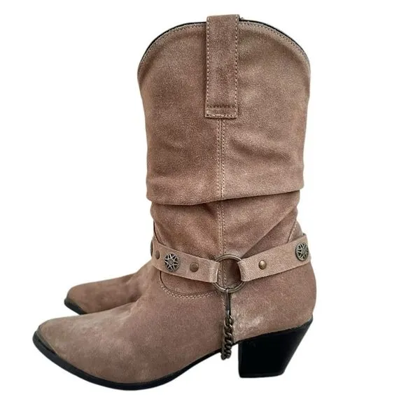 Dingo Women 9 Western Boots Olivia Slouch Suede Beige Cowgirl Removable Harness