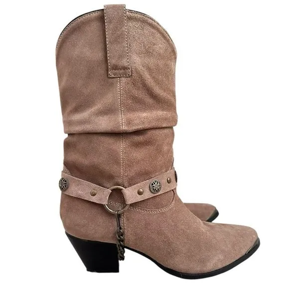 Dingo Women 9 Western Boots Olivia Slouch Suede Beige Cowgirl Removable Harness