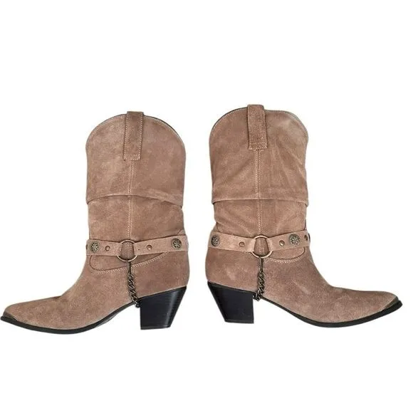Dingo Women 9 Western Boots Olivia Slouch Suede Beige Cowgirl Removable Harness