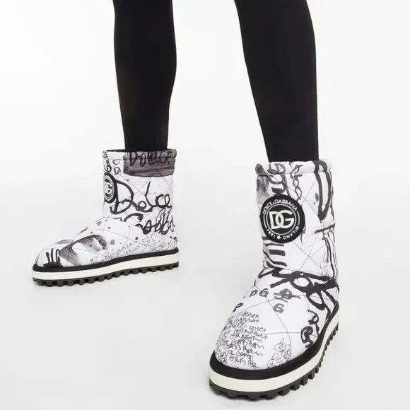 Dolce &amp; Gabbana Women's White Padded Logo Print Mid Calf Boots Shoe Size 38