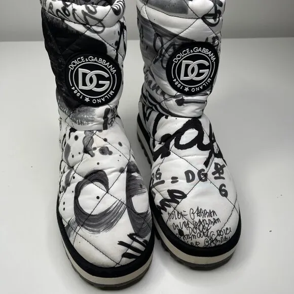 Dolce &amp; Gabbana Women's White Padded Logo Print Mid Calf Boots Shoe Size 38