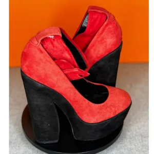 Dolce Vita Jevan Red Black Platform Block Buckle Heel Suede Size 7.5