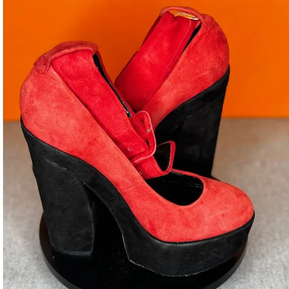 Dolce Vita Jevan Red Black Platform Block Buckle Heel Suede Size 7.5