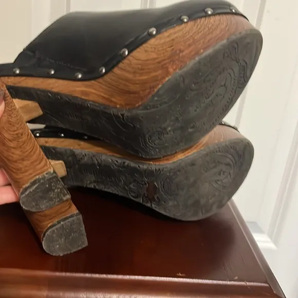 Dollhouse Black Leather Wooden Platform Clog Heel Shoes Women’s 70s Retro Style