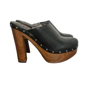 Dollhouse Black Leather Wooden Platform Clog Heel Shoes Women’s 70s Retro Style