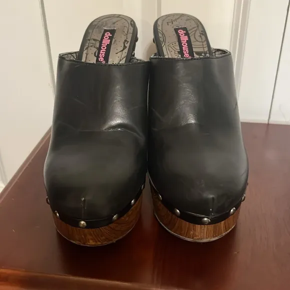 Dollhouse Black Leather Wooden Platform Clog Heel Shoes Women’s 70s Retro Style