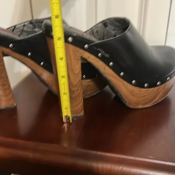 Dollhouse Black Leather Wooden Platform Clog Heel Shoes Women’s 70s Retro Style