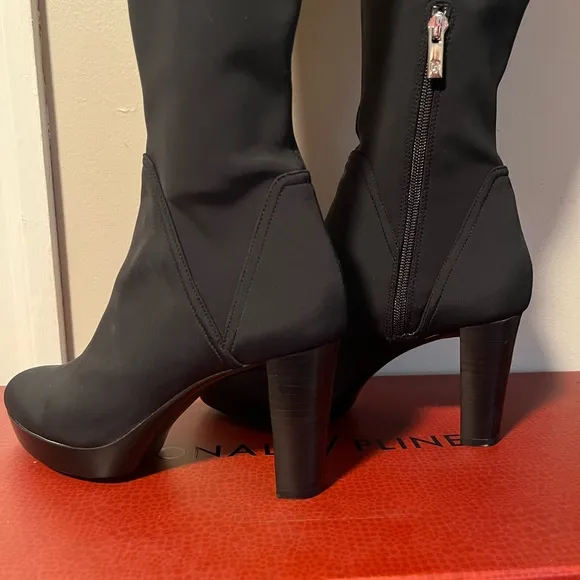 Donald Pliner Black Crepe Elastic knee high boots.