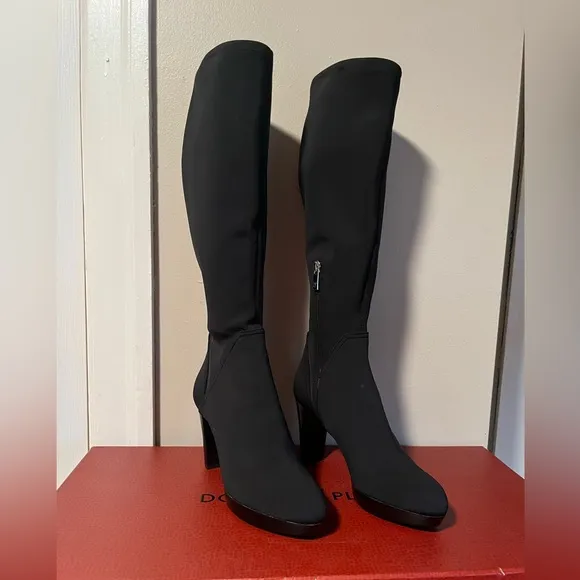 Donald Pliner Black Crepe Elastic knee high boots.
