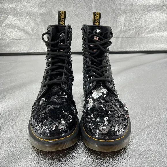 Dr. Martens 1460 Pascal Black Silver Flip Sequin Boots Woman's Size 8