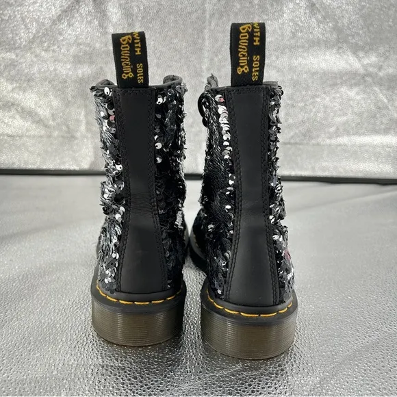 Dr. Martens 1460 Pascal Black Silver Flip Sequin Boots Woman's Size 8