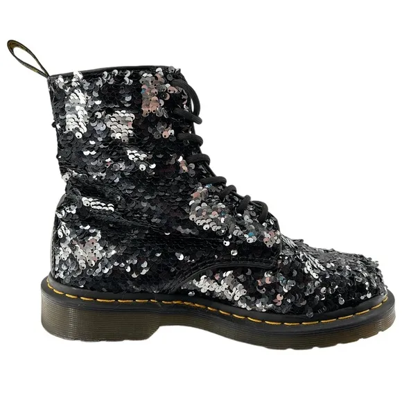 Dr. Martens 1460 Pascal Black Silver Flip Sequin Boots Woman's Size 8