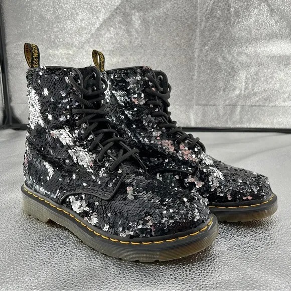 Dr. Martens 1460 Pascal Black Silver Flip Sequin Boots Woman's Size 8