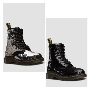 Dr. Martens 1460 Pascal Black Silver Flip Sequin Boots Woman's Size 8