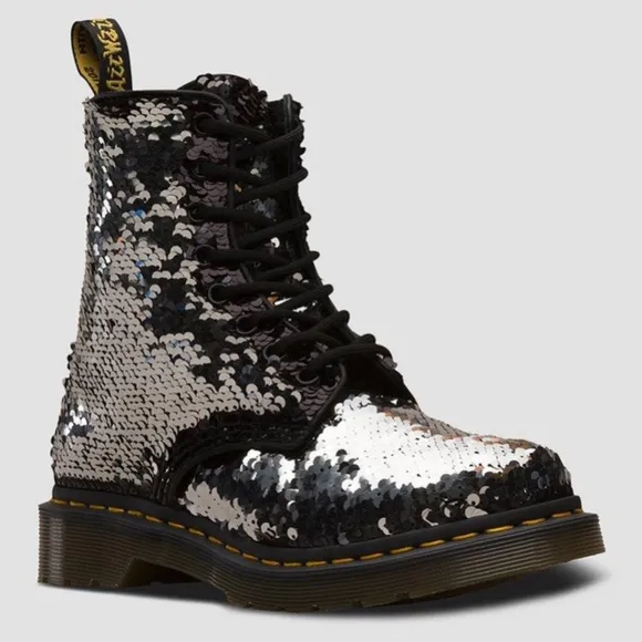 Dr. Martens 1460 Pascal Black Silver Flip Sequin Boots Woman's Size 8