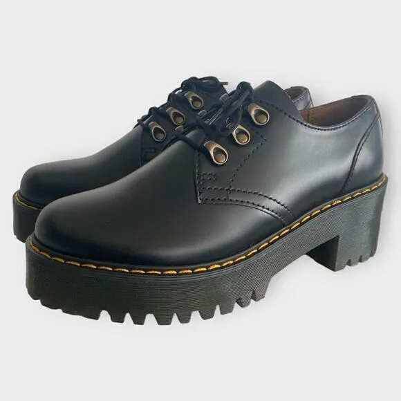 Dr. Martens Leona Lo Black Platform Heeled Oxford Shoes Womens size 8 New
