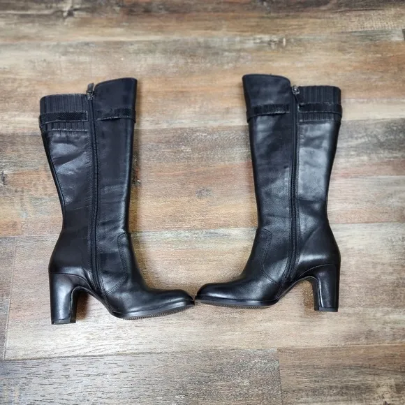 Ecco Black Leather Sexy Knee High Heel Boots Size 35