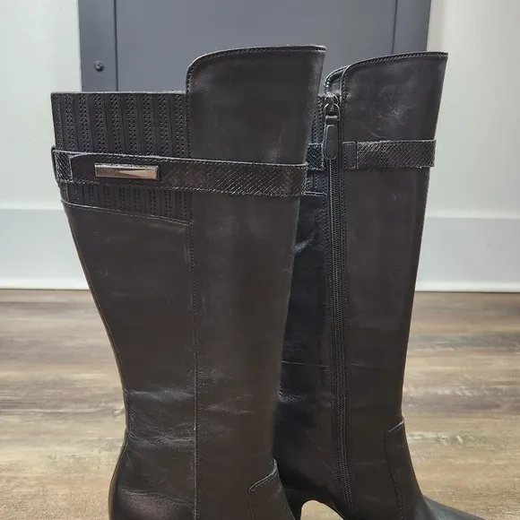 Ecco Black Leather Sexy Knee High Heel Boots Size 35