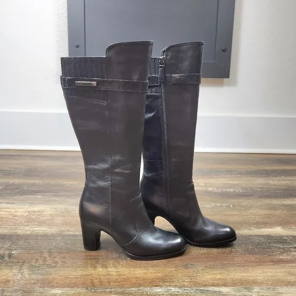 Ecco Black Leather Sexy Knee High Heel Boots Size 35