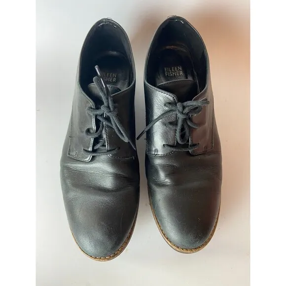 Eileen Fisher Womens Eddy Smooth Leather Platform Shoes Black US Size 8 Lace Up