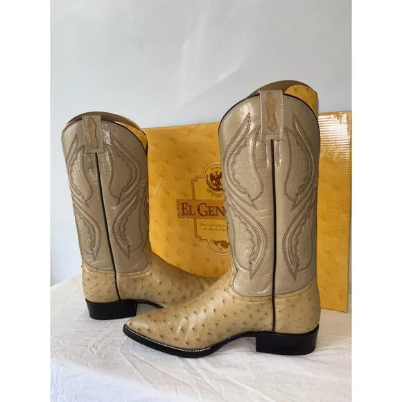 El General Cowboy Boots Exotic Leather Brown Ostrich Skin Mens Sz 6