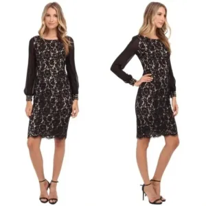 Eliza J Black Lace Bodycon Sheath Sheer Balloon Sleeve Dress Gem Banded Cuffs 4
