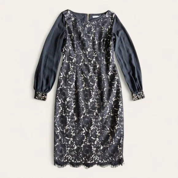 Eliza J Black Lace Bodycon Sheath Sheer Balloon Sleeve Dress Gem Banded Cuffs 4