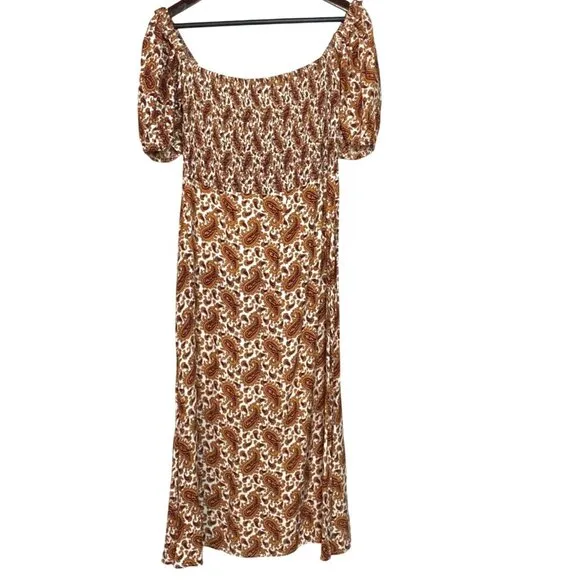 Faithfull The Brand Juniper Sable Paisley Print Scoop Neck Midi Dress Size 8
