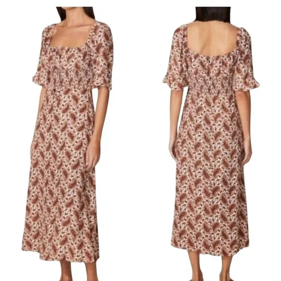 Faithfull The Brand Juniper Sable Paisley Print Scoop Neck Midi Dress Size 8