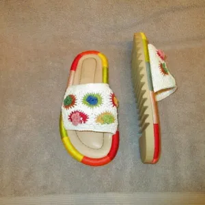 Farm Rio Sunset Crochet Slide Sandals Size 10 Vegan Leather Rainbow Beach Resort
