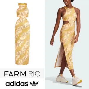 FARM Rio x Adidas Psychadelic Wave Cut Out Midi Dress Victory Gold White XS NWT