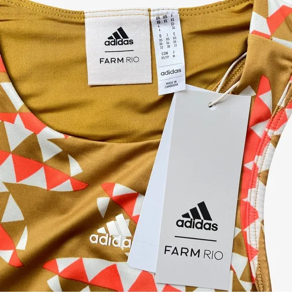 FARM Rio x Adidas Psychadelic Wave Cut Out Midi Dress Victory Gold White XS NWT