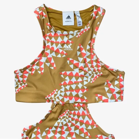 FARM Rio x Adidas Psychadelic Wave Cut Out Midi Dress Victory Gold White XS NWT