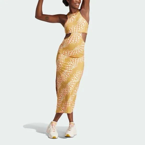 FARM Rio x Adidas Psychadelic Wave Cut Out Midi Dress Victory Gold White XS NWT